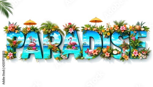 Vibrant tropical paradise scene with colorful flowers, palm trees, and huts on adobe stock October jpeg