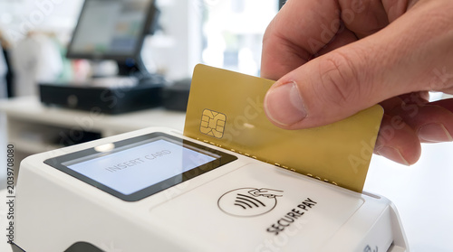 Customer inserting gold credit card into contactless payment terminal at checkout counter. Generated AI