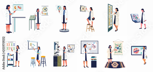 Bild auf Leinwand Set of illustrations featuring female scientists in lab coats performing biological research, analyzing cell structures, and using various laboratory equipment and diagrams