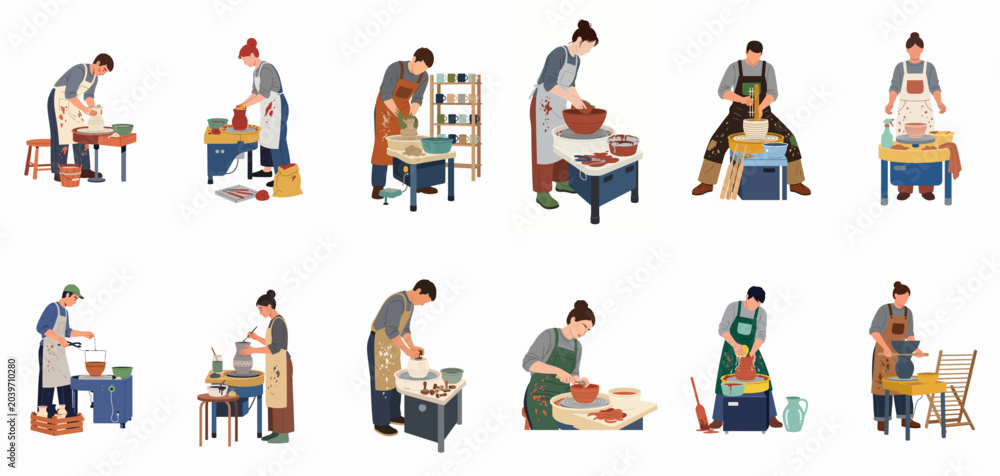 Fototapeta premium Collection of flat vector illustrations depicting diverse potters working with clay on potter's wheels, shaping, painting, and crafting various ceramic vessels.