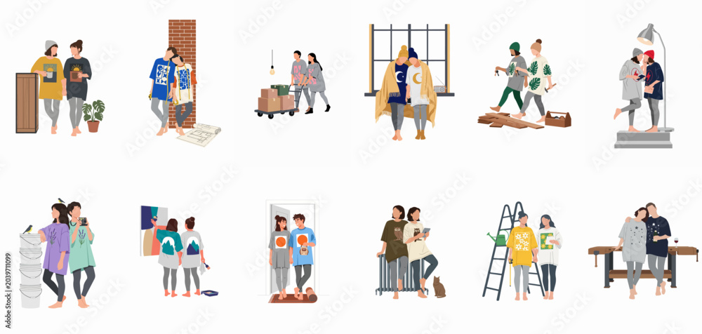 Fototapeta premium Flat vector illustration set of diverse couples engaged in various home improvement, moving, and cozy lifestyle activities in their new house.