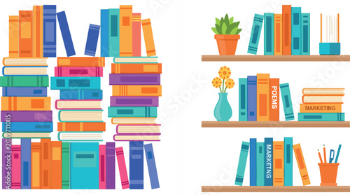 Colorful Bookshelf Collection with Stacked Books Wooden Shelves Plants and Educational Reading Library Vector Illustration Set