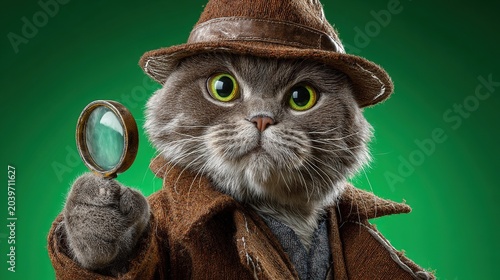 Detective Cat with Magnifying Glass: A whimsical portrayal of a cat dressed as a detective, wearing a fedora hat and trench coat, intently examining with a magnifying glass.