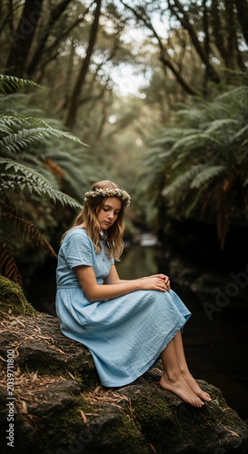 Young female in blue dress and floral crown sits by stream in forest, symbolizing nature, serenity, and growth