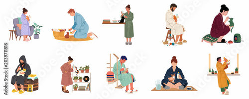 Photos Illustrations of diverse people in bathrobes bottle-feeding orphaned newborn kittens in various cozy home settings, showcasing pet care and compassion