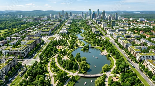 Aerial view of a green urban park and lake in front of modern city skyscrapers