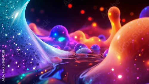 Vibrant neon liquid formations resembling organic gelatinous forms and bioluminescent blobs in a glossy psychedelic abstract landscape with flowing reflections, ripples and particles