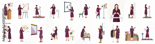 Konstfotografi Collection of flat vector illustrations featuring a professional woman as a pitch coach engaged in various business communication, presentation, and office tasks