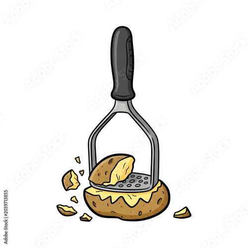 Potato masher tool mashing a fresh potato on white background