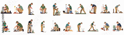 Cuadro en lienzo Flat vector illustration set of professionals conducting field research, land surveying, soil testing, and environmental monitoring activities