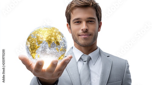 Global Vision: A determined businessman holds a glowing golden globe on his open palm, symbolizing ambition and worldwide influence. A vision of success and global reach.