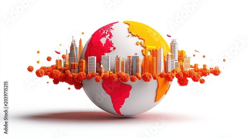 Global Cityscape on Earth: A stylized representation of Earth features a vibrant cityscape emerging from its surface, encircled by abstract orange elements and a backdrop of colorful digital art.