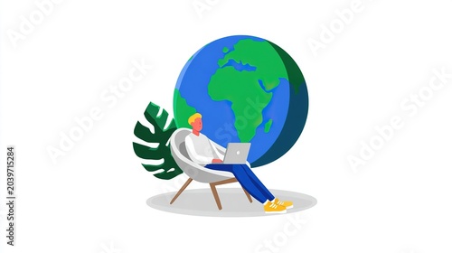 Remote Work Around the Globe: A person sits in a comfortable chair, using a laptop with a stylized globe in the background, symbolizing global connectivity and remote work opportunities.