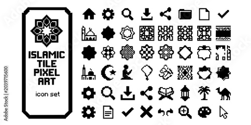 Canvastavla Islamic Tile Pixel Art Black White-Star Pixel Interlace Grid Digital-Retro Patte