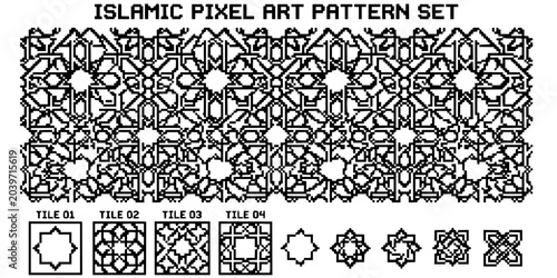Foto Islamic Tile Pixel Art Black White-Star Pixel Interlace Grid Digital-Retro Patte