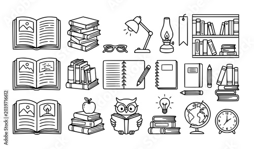 Foto Hand Drawn Books and Library Doodle Set for Education and Coloring Pages Vector