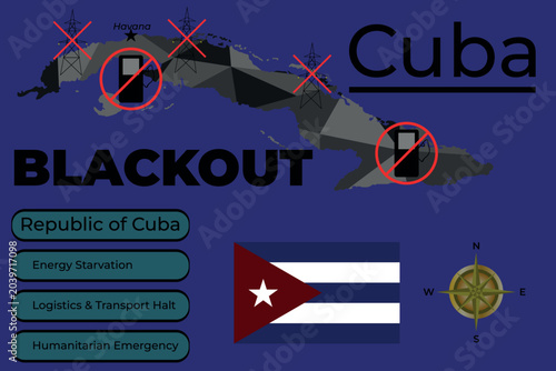 Cuba energy crisis and blackout infographic. Vector map of Republic of Cuba with fuel shortage icons, power grid failure statistics, transport halt, and humanitarian emergency concepts.