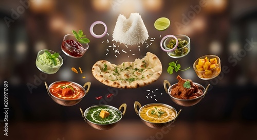 Indian food platter with various curries naan and accompaniments arranged in a circle