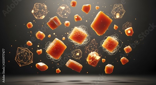 Abstract floating orange crystal shards and particles in dark space