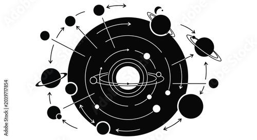 Bild auf Leinwand Black and white illustration depicting a heliocentric solar system model