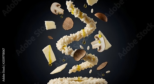 Delicious food ingredients in mid air against a dark background