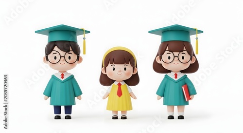 3d cartoon students in graduation caps isolated on white background