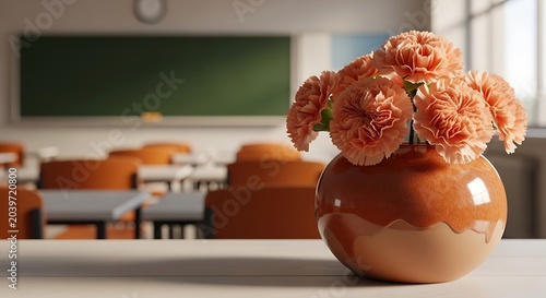 Carnations in ceramic vase with blurred classroom background