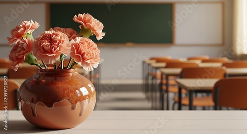 Peach carnations in ceramic vase classroom interior educational setting