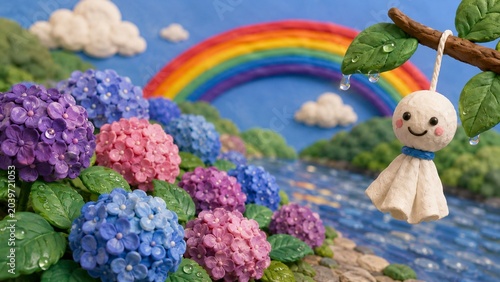 紫陽花と虹と晴れだるまのカラフルなクレイアート梅雨風景