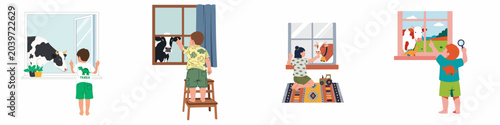 Foto Set of four illustrations featuring curious children observing and interacting with cows through windows in a charming rural farm setting