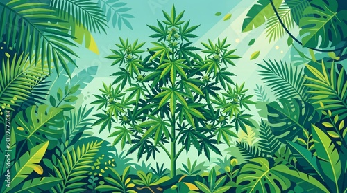 Vibrant tropical jungle with lush green foliage.