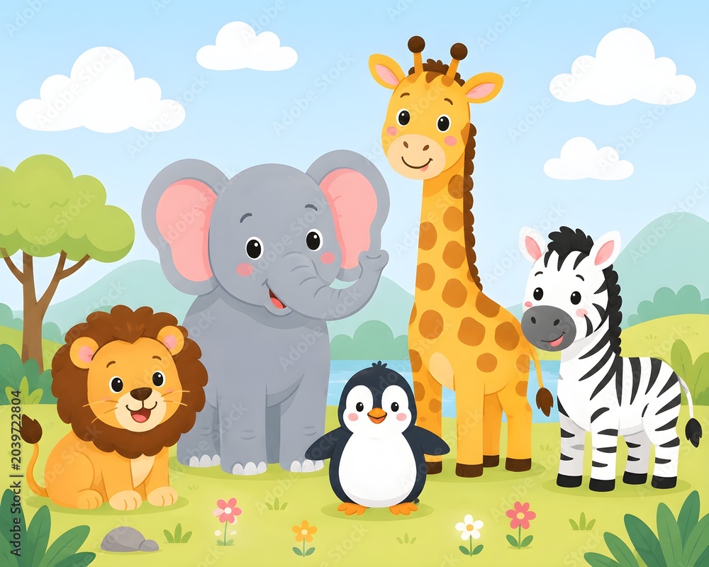 Naklejka premium Preschool Artwork for Kids Learning Illustration of African Safari Animals