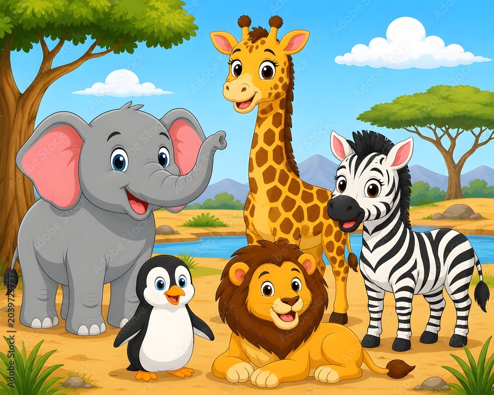 Fototapeta premium African Safari Jungle Animals Cute Cartoon Educational Graphic