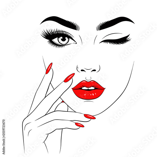 Canvastavla A captivating vector illustration of a woman's face with bold red lips and perfe