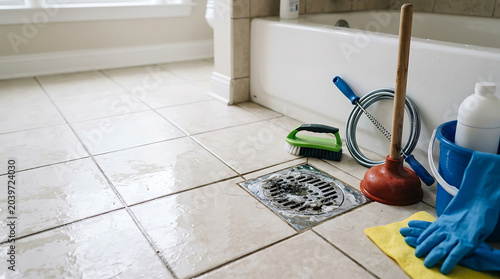 Clogged bathroom drain cleaning … isolated on a clean white background