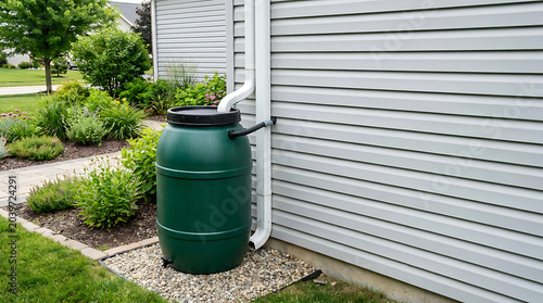 Green rain barrel beside house isolated on a clean white background