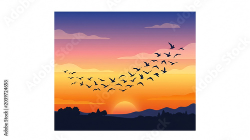 Birds flying in sunset sky.