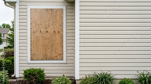 Window boarded up plywood severe… isolated on a clean white background