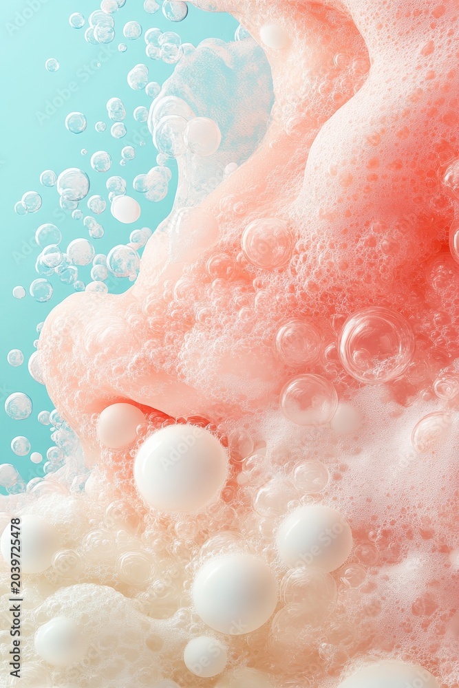 Fototapeta premium Vibrant pink and white foam bubbles spreading on a light blue background. Fluid textures capture dynamic movement for digital trends and viral engagement.