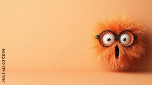 Funny orange furry creature with black goggles and wide amazed eyes on a plain background. Perfect for marketing memes.
