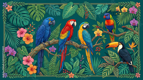 Vibrant tropical birds on a branch.