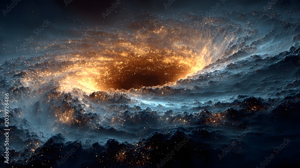 Fototapeta premium Abstract glowing cosmic vortex swirling in deep space with light particles and nebula clouds, cinematic.