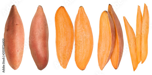 Organic, raw, sweet potato or yam. On a blank background. Two halves.