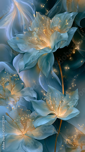 Ethereal Floral Glow Watercolor Illustration Featuring Luminous Blossoms and Dreamlike Celestial Light