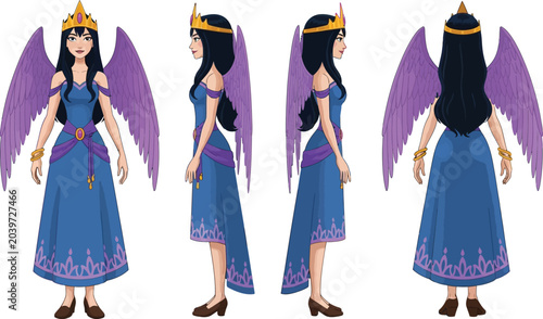 Bild auf Leinwand Dress with wide skirt, sleeveless cut and purple bodice with gold trim, shown on a fashion model in a clean studio background, full-length view