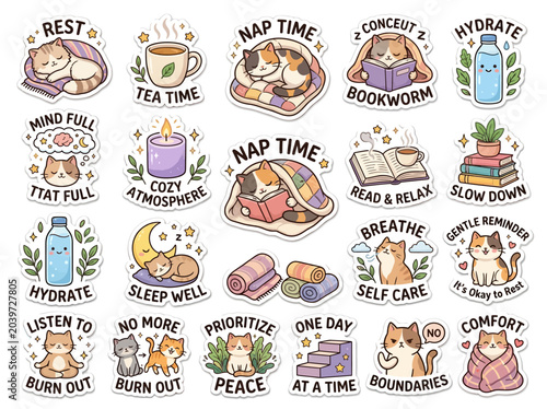 Quadro su tela Self Care Cartoon Cat Illustrations.