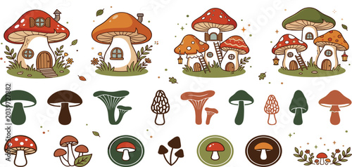 Tableau sur toile Whimsical Mushroom House Collection with Fantasy Forest Cottages, Woodland Fungi