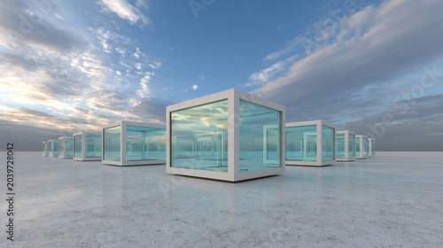 Series of modern, minimalist glass and white frame modular structures under a vast sky
