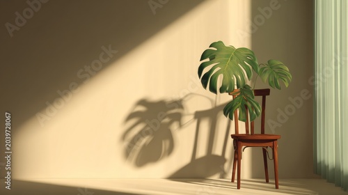 Sunlight casts dramatic shadows from a large leaf plant resting on a wooden chair against a pale wall