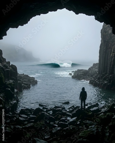 Lone Surfer Contemplates Coastal Serenity: Viewed from within a dark cave entrance, a solitary figure stands on a rocky shore, gazing out at a powerful ocean wave breaking under a misty.